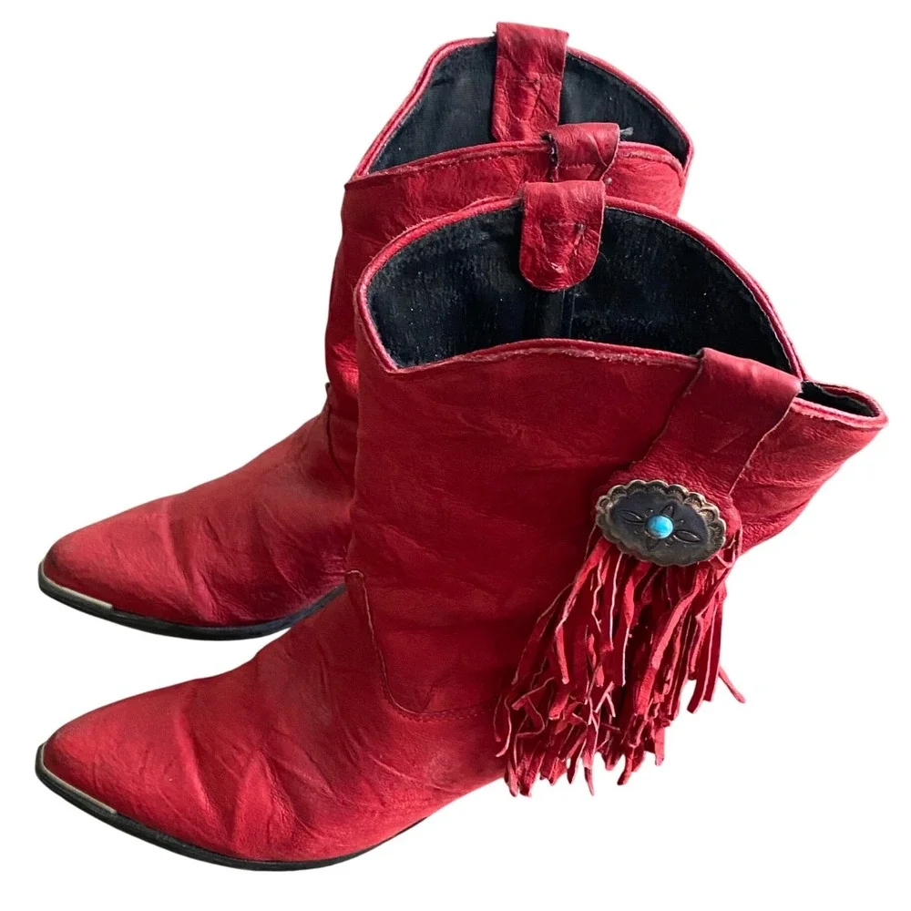 Vintage Sage Abilene Red Leather Fringe Western Boots Concho Turquoise Sz 8M USA